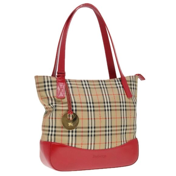 Burberrys Nova Check Tote Bag Canvas Leather Beige Gold Red Auth bs18585 - Picture 1 of 16
